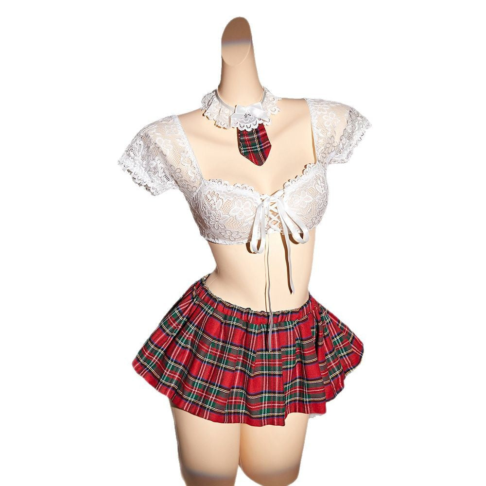Lace Bra Plaid Mini Skirt Thong Bow Tie Four-piece lingerie Set