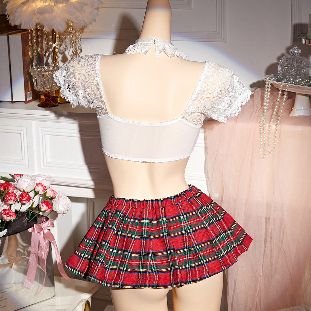 Lace Bra Plaid Mini Skirt Thong Bow Tie Four-piece lingerie Set