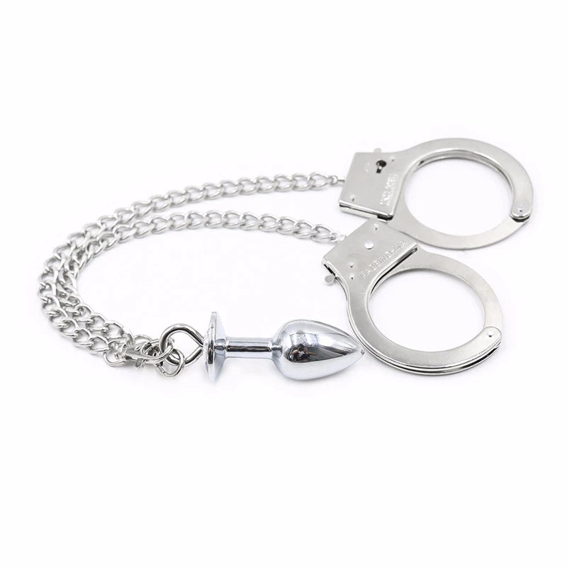 Metal Bondage Sex Handcuffs Connect with Anal Plug Adult SM Sex Toy