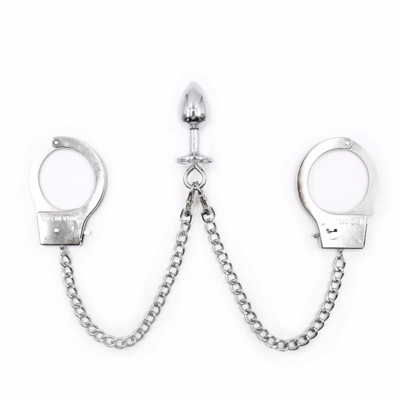 Metal Bondage Sex Handcuffs Connect with Anal Plug Adult SM Sex Toy