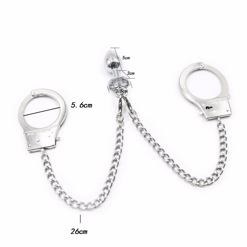 Metal Bondage Sex Handcuffs Connect with Anal Plug Adult SM Sex Toy