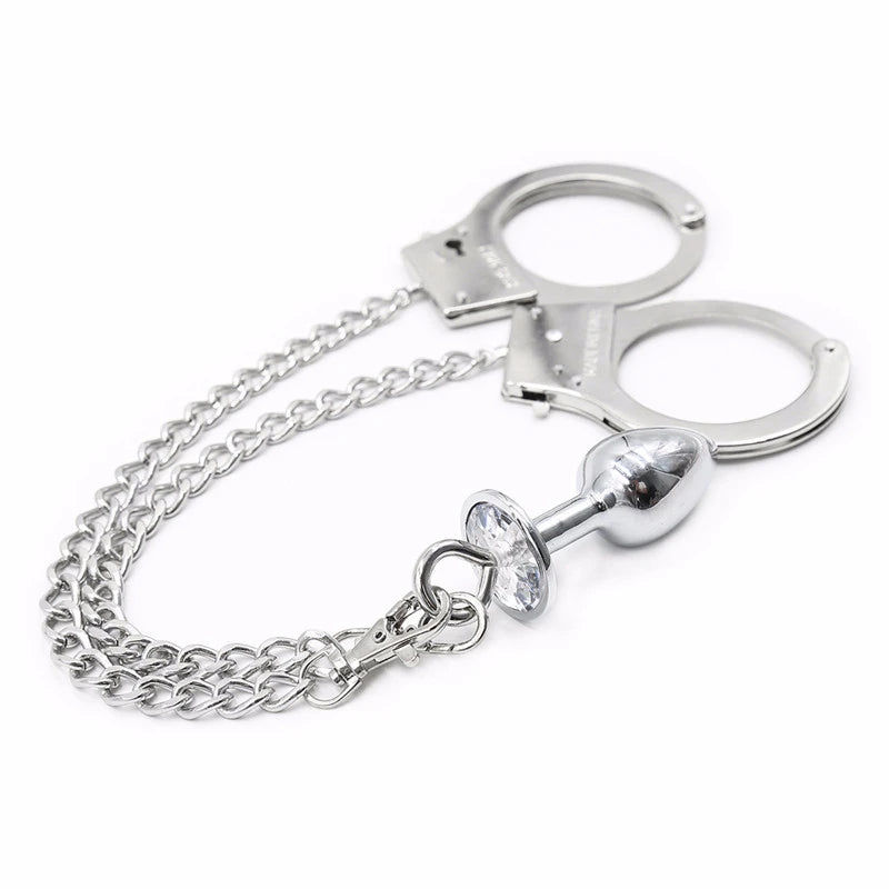 Metal Bondage Sex Handcuffs Connect with Anal Plug Adult SM Sex Toy