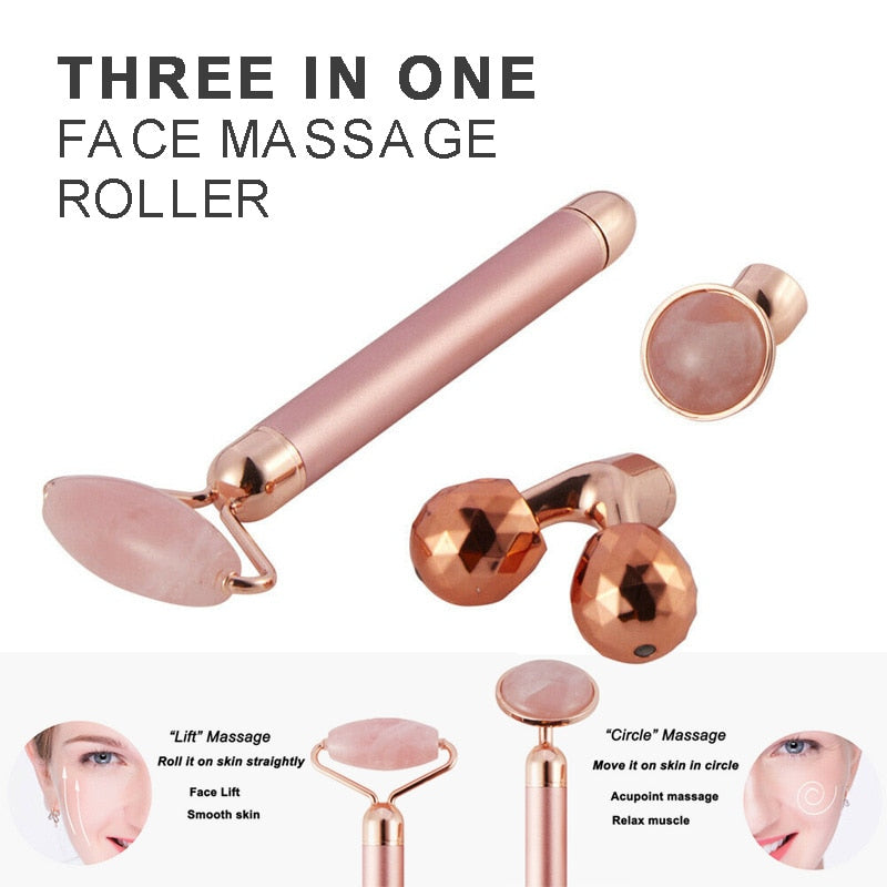 3In1 Electric Vibrating Natural Rose Quartz Jade Facial Roller