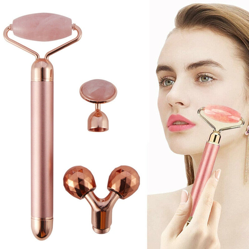 3In1 Electric Vibrating Natural Rose Quartz Jade Facial Roller